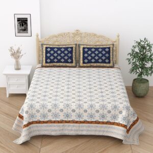 BLACK BERRY Premium King-Size Bedsheet Set – White with Brown and Grey Geometric Patterns